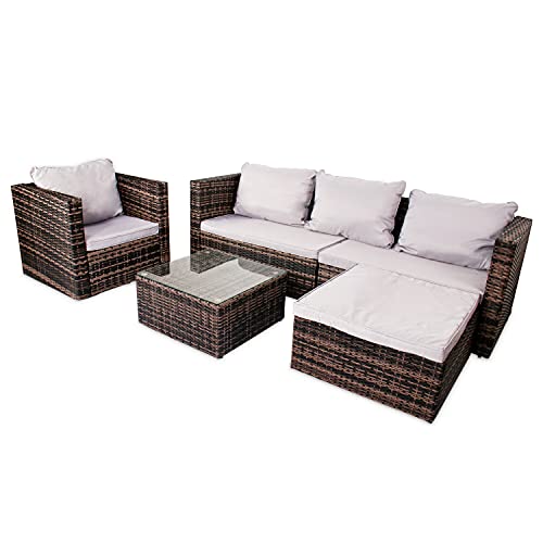 Bigzzia 5 Pieces Patio Furniture Set 6 Seat Rattan Loveseat Wicker Patio Sofa Outdoor Sectional Conversation Set with Cushion and Glass Table - Thumbnail 7