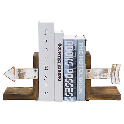 Mygift Rustic Burnt Solid Wood Decorative Bookend With Whitewashed Arrow Design, Office Desktop Book Support Stand, 1-Pair #TOP3