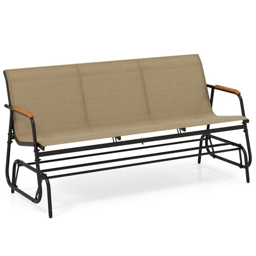 Image of Giantex Patio Glider, 3-Person Swing Gliding Loveseat with Curved Teak Armrests, Fabric Seat, Metal Frame, Load 990lbs, Outdoor Rocking Chair for Porch, Yard, Poolside (29 inchx66.5 inchx33 inch)
