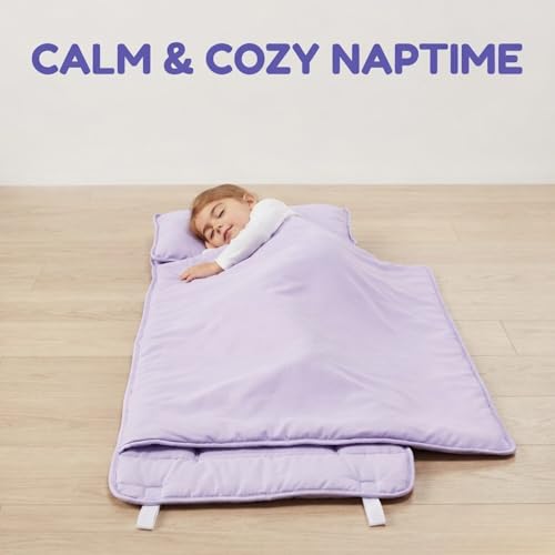 Image of EVERYDAY KIDS Nap Mat with Removable Pillow - Lavender - Carry Handle with Straps Closure, Rollup Design, Soft Microfiber for Preschool, Daycare, Travel Sleeping Bag - Ages 3-6 Years