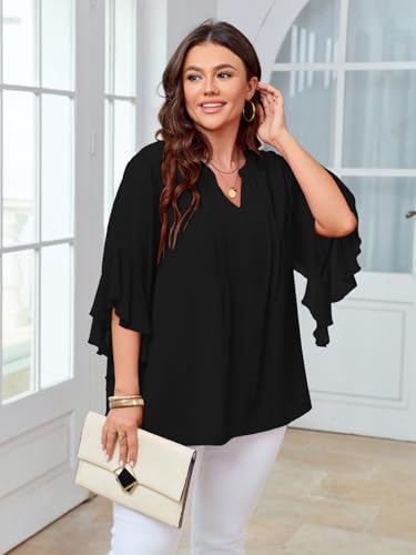 SCOMCHIC Women's Plus Size Blouse 3/4 Sleeve V Neck Chiffon Dressy Casual Shirts Business Work Office Tunic Tops XL-5XL4
