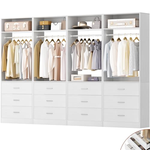Besiost Closet System Set of 4, 8FT Closet Systems with 12 Wood Drawers, 96' Closet Organizer System with 4 Hanging Rods & 4 Shelves, Heavy Duty 96 Inch Walk-in Closet, White (96'L x 15' W x 80' H)