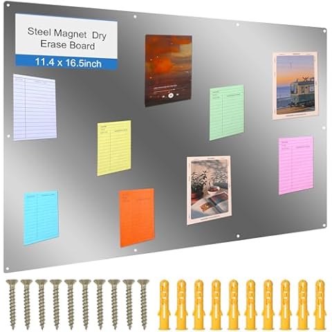 Ireer Magnetic Board Steel Magnet Bulletin Boards for Walls to Display Magnetic Notes Photos for Home Office Classroom, Pre Drilled with Screws and Dry Wet Erase Feature(Steel Color,17 x 11 Inch) Cover