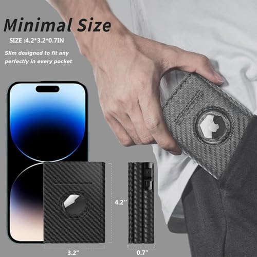 AirTag Wallet for Men,Smart Mens Minimalist Wallet Compatible with Apple Air Tag, RFID Blocking Pop Up Card Holder Wallet Holds 14 Cards with Cash Slot, ID Window, Gift for Men, Carbon Fiber Black3