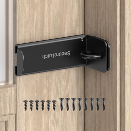 SecureLatch 90 Degree Right Angle Locks, 3.3 Inch Safety Sliding Door Lock Latch for Closet, Shed, Cabinet, Inward Opening Door - Heavy Duty Hasp Latches Compatible with Padlock (Black, 3.3In-1PC)