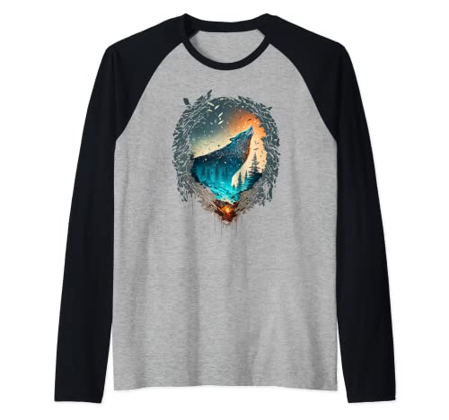 Majestic Wolf Howl Astral Plane Dreamy Nature Graphic Art Camiseta Manga Raglan