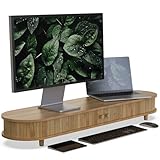 WELL WENG Bamboo Dual Monitor Stand with Storage, Curved Double Computer Laptop Stand Desk Shelf Organizer with Sliding Doors (42 inch) Dark Bamboo