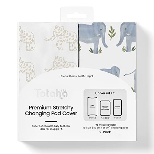 Image of TotAha Premium Stretchy Changing Pad Covers (2-Pack)-Hypoallergenic, Silky Comfort, Buttery Soft, Calming Effect, All-Season Jersey-Knit 5'' Deep Pocket (Belgian & Blue Painted Elephant)