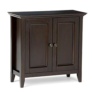 Simplihome amherst solid wood 32 inch wide transitional low storage cabinet in hickory brown for the living room entryway and family room  urban country home decor