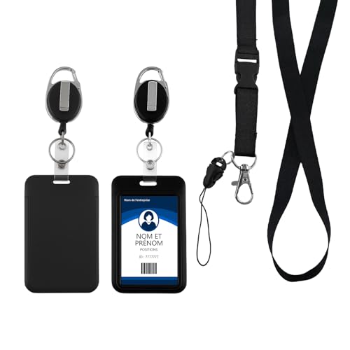 Zeeorymn Un kit de Porte-badge avec 360° cordon réglable et clip tournant - Porte-cartes d'identification professionnel - Compatible avec badges, clés, Noir