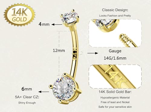 OUFER Gold Belly Button Rings, 14K Solid Gold Belly Rings, Shiny Clear CZ Belly Piercing Jewelry, Navel Rings, Long Navel Belly Rings for Women Men4
