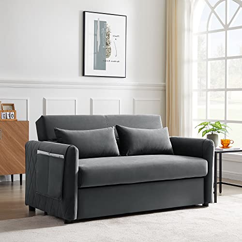 Antetek Convertible Sleeper Sofa Bed, 55-Inch 3 In 1 Velvet Loveseat Sleeper Sofa Couch With Pull Out Bed, Adjustable Backrest, Toss Pillow & Side Pocket For Living Room Bedroom, Apartment, Grey #TOP3