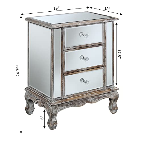 Convenience Concepts Gold Coast Vineyard 3 Drawer Mirrored End Table, Weathered White / Mirror #TOP2
