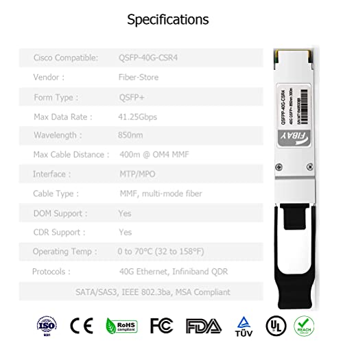 Image of 40GBASE-CSR4 QSFP+ Optical Transceiver Module Compatible with Cisco QSFP-40G-CSR4 Meraki MA-QSFP-40G-CSR4 850nm 400m DDM MPO-12 /UPC MMF