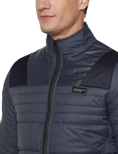 Image of Qube By Fort Collins Men's Nylon Standard Length Regular Fit Quilted Bomber Jacket with Detachable Hood - Winter Warm, Insulated Lining, Ribbed Cuffs, and Stylish Design