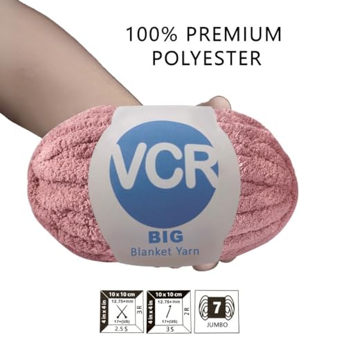Image of VCR Rough Pink Yarn, 200 Grams Big Chunky Hank, 22 Meters Length, Suitable for Knitting Blankets and Pillows, 100% Polyester Yarn Ball for Crochet DIY, Soft Threads, Pack of 1