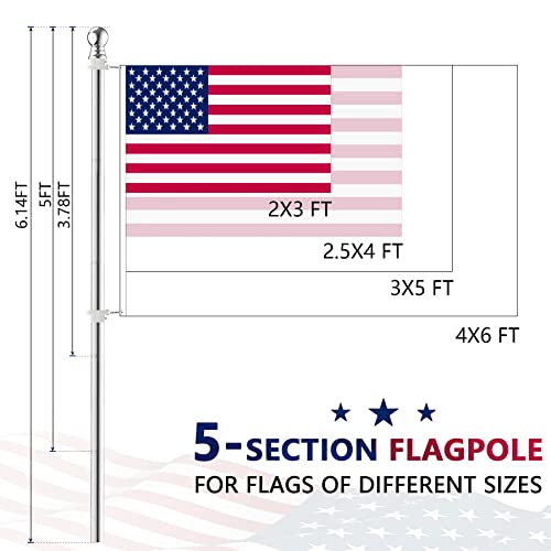 Kemnole American Flag With Pole Kit, Including 6Ft Stainless Steel Flag Pole With 360° Rotating Flag Pole Rings, 2.5X4 Ft American Flag With Embroidered Stars, Two-Position Flag Pole Holder #TOP1