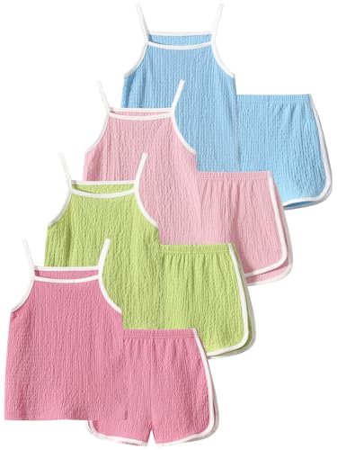 Image of Girls 8 Pieces Summer Outfits Casual Cami Tank Top and Dolphin Shorts Clothing Sets 4-8Y