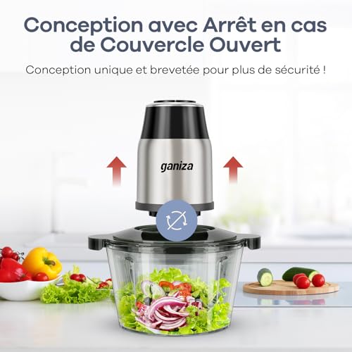 Ganiza Hachoir de Cuisine Électrique 500W, Robot Hachoir avec 2 Bols 1,8L + 1,8L, 2 Doubles Lames, 2 Vitesses, Mini Hachoir Électrique pour Viande, Légumes, Noix – vue 6