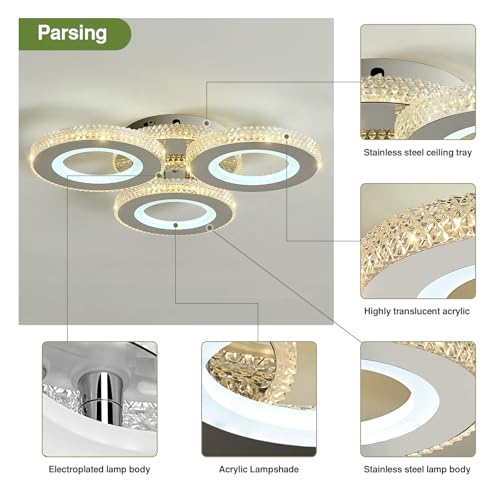 Image of Modern 33W Ceiling Light 3-Rings LED Ceiling Light Fixture with Remote Control Chrome Acrylic Dimmable Flush Mount Stainless Steel Chandelier for Livingroom Dining Room Kitchen Bedroom.