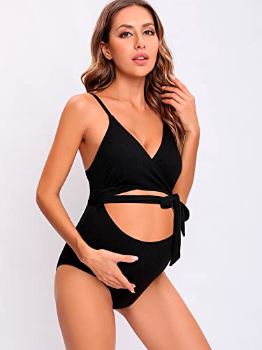 Tofern Maternity Swimwear One Piece V Neck Maternity Swimsuit Bikini Halter Tie Front Pregnancy Bathing Suit Monokini Black #TOP1
