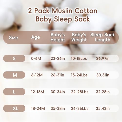 Image of david's kids Muslin Cotton Baby Sleep Sack 6-12 Months, 2 Pack 100% Cotton Sleeping Bag for Summer, TOG 0.5 Baby Wearable Blankets with 2-Way Zipper, Soft Sleep Sacks for Newborn Infant, Grey & Green