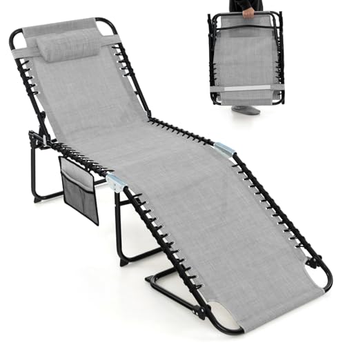 COSTWAY Tumbona Jardin Exterior, Tumbona Plegable con Respaldo Reclinable de 4 Posiciones, Bolsillo Lateral y Reposacabezas Desmontable, Tumbona Teclinable Playa Piscina, 188 x 59 x 41cm (Gris)