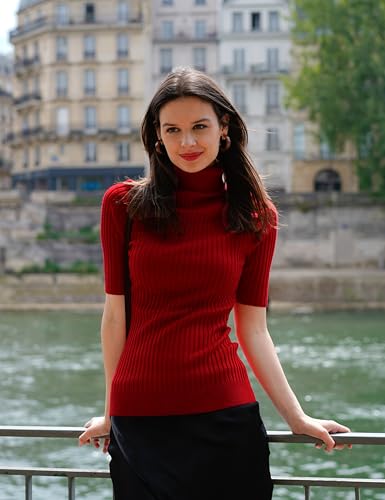 Image of v28 Women Turtleneck 1 /2 Half Sleeve Highly Stretchy Ribbed Knit Fitted Sweater