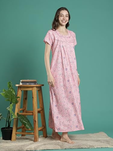 Image of 9shines Label Stylish Chikankari Cotton Nighty Maxi for Women | Full Length Nightgown | Nightdress with Pocket | Embroidery Nighty | Soft Comfortable Cotton Nightwear (1545)