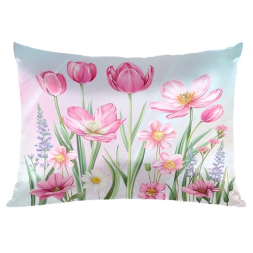 Fronha de cetim floral de flor rosa para cabelo e pele tamanho padrão fronha de seda seda macia ceti