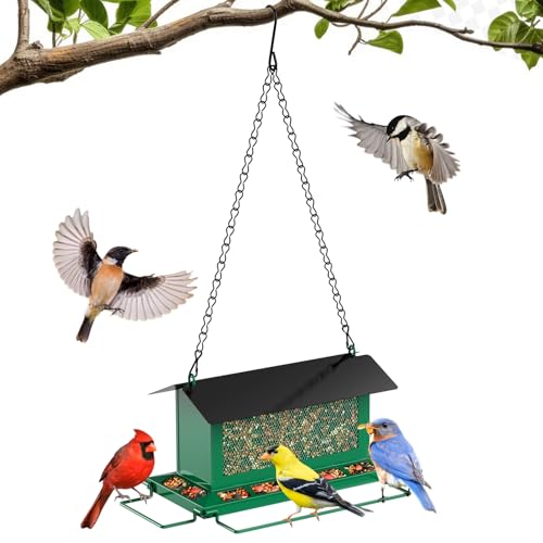 Bird Feeder for Outdoor Hanging, Large Squirrel Proof Birdfeeders with 14 Feeding Ports - Heavy Duty Metal Bird Feeders for Large Capacity Outside Hanging, Green