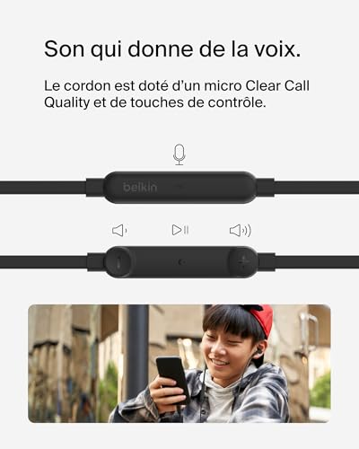 Belkin Écouteurs filaires SoundForm avec connecteur USB-C ( écouteurs Intra-Auriculaires avec Micro, pour iPhone 16/15, iPad Mini, Galaxy 24, Android, etc., avec connecteur USB-C, Noir)