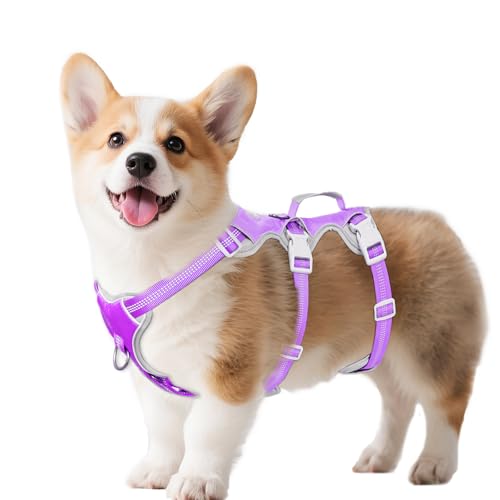 Image of Huntboo Escape Proof Dog Harness, Escape Artist Harness, Reflective Harness with Padded Handle, Breathable, Adjustable Vest for Medium Dogs Walking, Training, and Running Gear(Lavender Purple, S