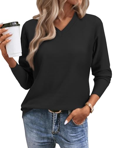 Women's Fall Sweaters 2025 Casual Long Sleeve Pullover V Neck Lightweight Sweatshirts Cute Blouse Tops