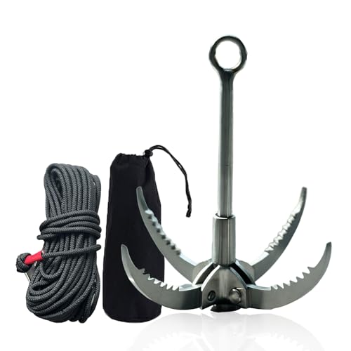 Large Grappling Hook, Folding 4-Claw Grapple Hooks with 65ft Rope Stainless Steel Claw Carabiner for Outdoor Camping Hiking Tree Rock Rescue Vehicle Traction