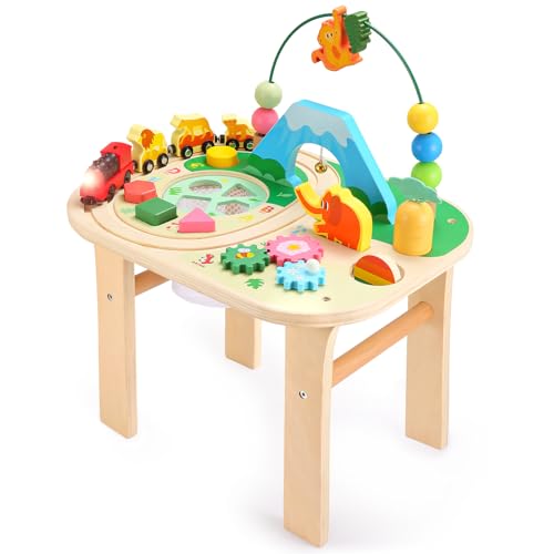 Image of wingyz Activity Table for 1 Year Old Toddler, 9-in-1 Multi-Colorful Wooden Montessori Toys, Baby Play Table with Bead Maze Shape Sorter Train Toy, Educational Gifts for Kids Boys Girls