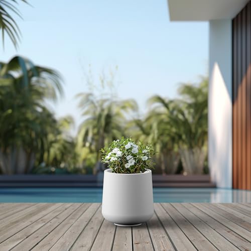 Image of Kante Large Round Curved White Concrete Planter 16.5 inch Dia, Outdoor | Rubber Plug for Indoor, Drainage for Garden, All-Weather Cement Tree Pot, Handcrafted, Anti-Frost & UV, Modern Home Decor