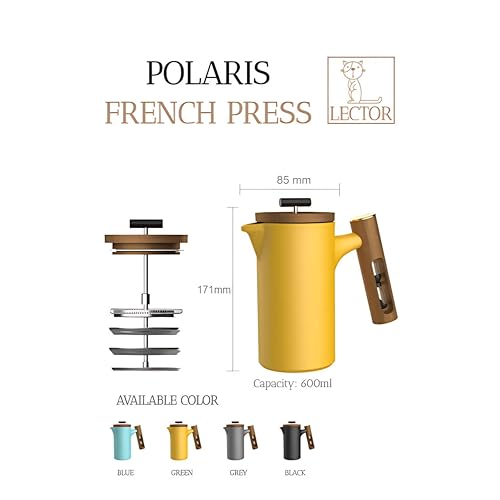 Image of Lector Polaris French Press Coffee Maker, 600ML, Ceramic Manual Coffee & Tea Brewer with Natural Wooden Handle & Lid | Strong Build, Superior Filtration, Innovative 4 Minute Hour Glass Timer (Yellow).