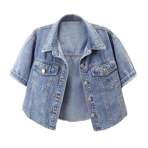 Generisch Chaqueta vaquera corta para mujer, chaqueta vaquera ligera recortada, de verano, de manga corta, estilo vintage, con botones, para el tiempo libre, para el tiempo libre, con solapa, bolero