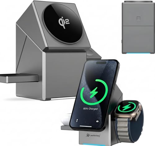 Carregador Sem Fio Qi2 Magnetico PREMIUM 3 em 1 Indução Para iPhone Apple Airpods Watch 3 em 1, Rotação Automatica