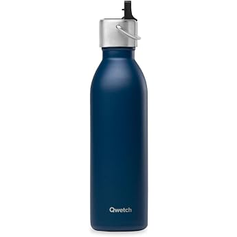 Qwetch - Water Bottle 600 ml Stainless Steel Navy Blue - Thermos Flask Made of 90% Recycled Stainless Steel with Sports Cap -