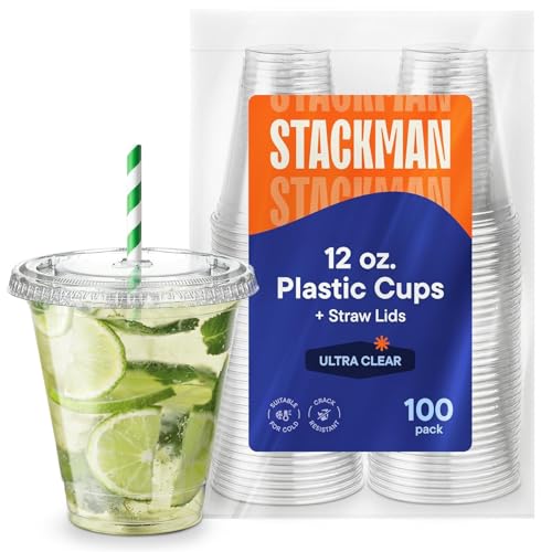 image for Stack Man 12 oz Clear Plastic Cups with Straw-Slot Lids [100 Sets] PET