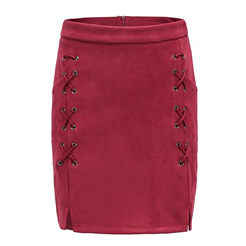 Katiewens Women's Classic High Waist Lace Up Bodycon Faux Suede A Line Mini Pencil Skirt Wine Red #TOP2