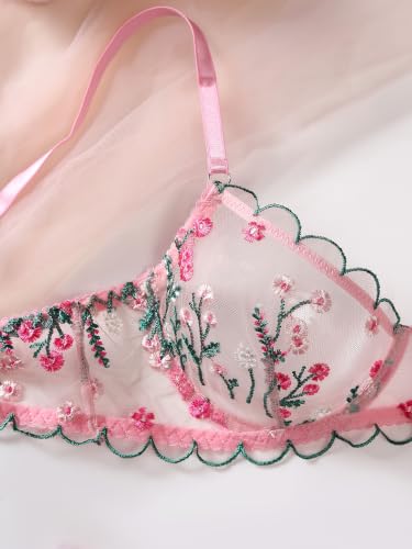 Image of Sexy Floral Embroidered Flower Mesh Underwire Push Up Lingerie Set