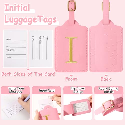 Image of Initial Letter Luggage Tags for Suitcases, Embroidered Monogrammed Suitcase Luggage Identifier Name Tag, PU Leather TSA Approved Luggage Tags, Bag Tags for Men Women Kids Luggage Handbags(Pink I)