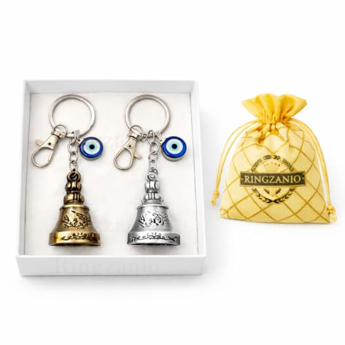 Image of Guardian Bell Keychain for Bike and Car | Tibetan Bell Keychain with Evil Eye | Good Luck Charm | Ghanti for Bike | Guardian Bells | Gift for Men | Protection Charm 2 Pcs Combo