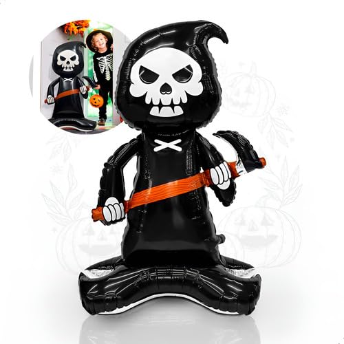 Image of AMFIN (Pack of 1) Self Standing 46 Inch Giant Grim Reaper Foil Balloon - Halloween Skeleton Balloon with Scythe | Oversized Scary Balloon for Haunted House- Black