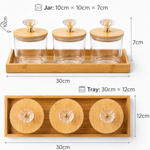 Image of Borosilicate Transparent Glass Storage Jar Set with Bamboo Tray, Set of 3 (500ml) Airtight Round Glass Containers with Bamboo Lids & Silicone Seal, Dry Fruit Storage Jars for Spice