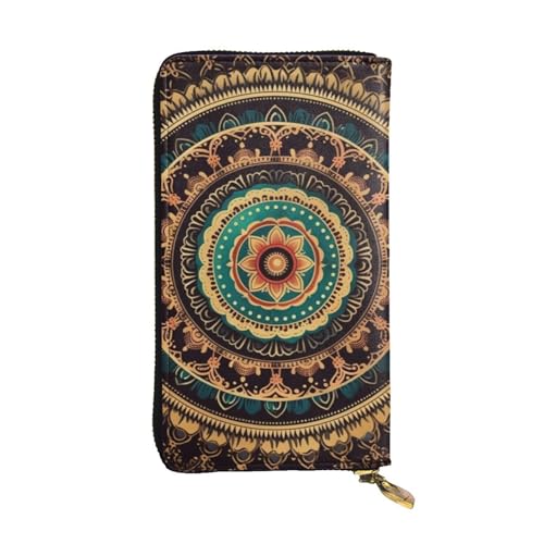 Portefeuille mandala en cuir pour homme et femme grand format avec fermeture éclair