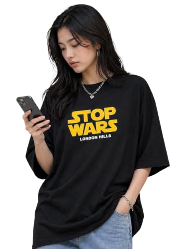 Image of London Hills Oversized Tshirt for Woman | t Shirt for Woman Oversized Fit Printed Round Neck | Tops for Woman's | Women t Shirt Loose Fit Drop Shoulder | t Shirts for Women | Western Tops
